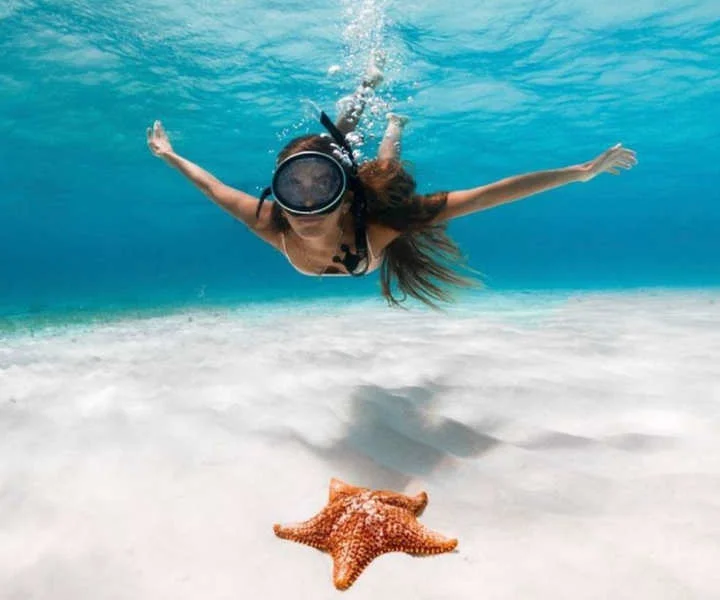 Mujer haciendo snorkel con las Estrellas de mar y aguas transparentes en El Cielo de Cozumel durante un tour con Vaguemos Viajes